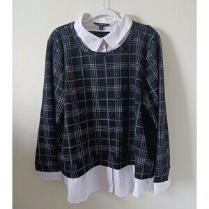Zac & Rachel Women's Plaid Collar Long Sleeve Black White Top Shirt Size 2X